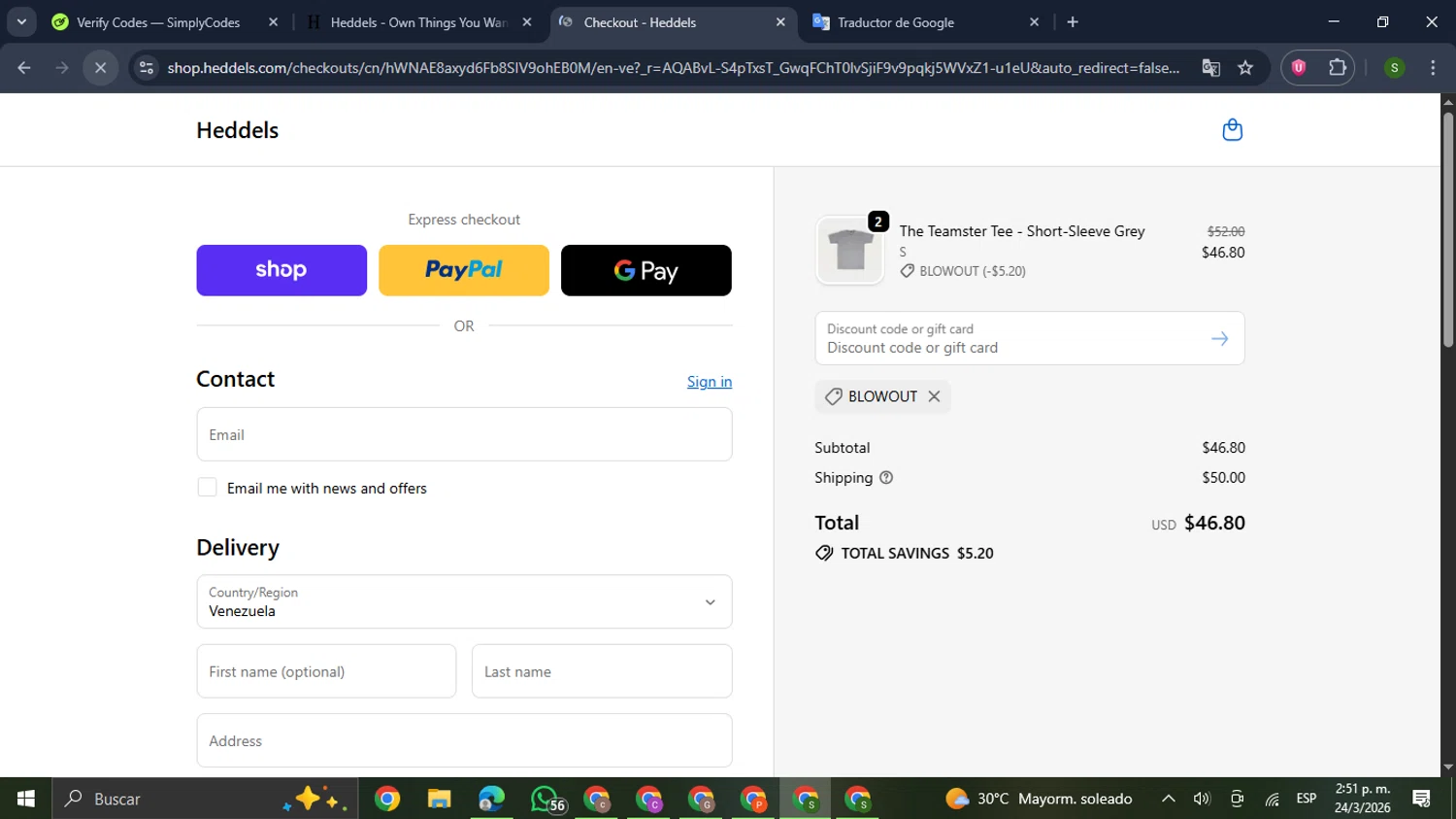 Heddels promo code screenshot showing code BLOWOUT applied at Heddels checkout page. Uploaded by SimplyCodes community member GloriousDefender7889 on Mar 24, 2026