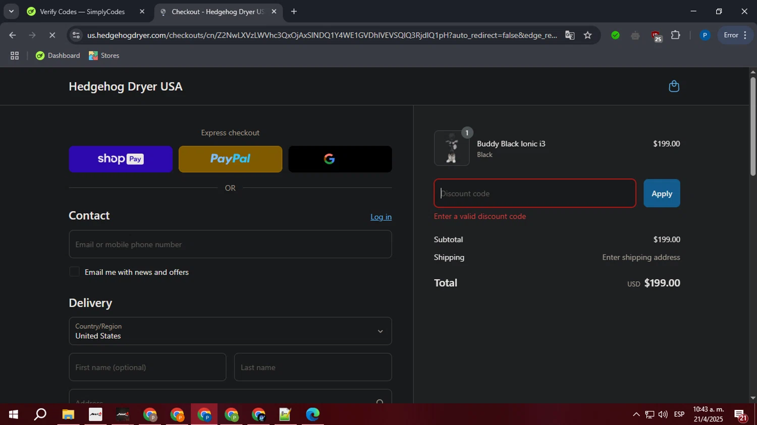 Hedgehog Dryer USA promo code screenshot showing code SIGN10 applied at Hedgehog Dryer USA checkout page. Uploaded by SimplyCodes community member GoldSaver3857 on Apr 21, 2025