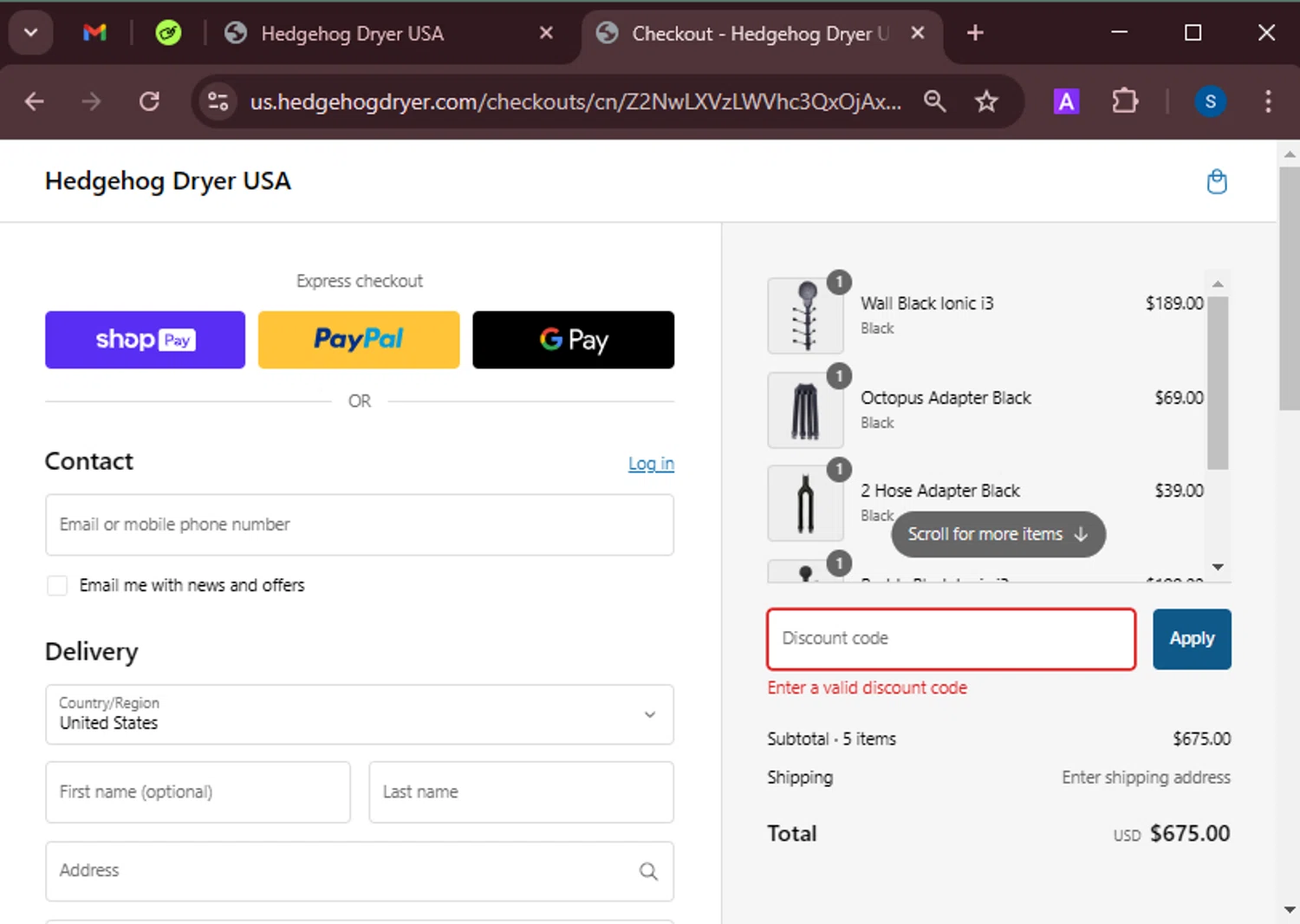 Hedgehog Dryer USA promo code screenshot showing code USA25 applied at Hedgehog Dryer USA checkout page. Uploaded by SimplyCodes community member BrandoJose1 on Feb 8, 2025