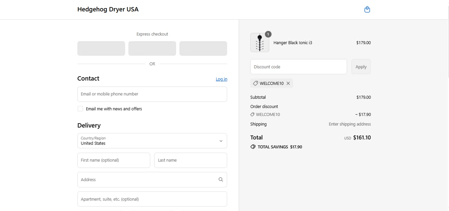 Hedgehog Dryer USA promo code screenshot showing code WELCOME10 applied at Hedgehog Dryer USA checkout page. Uploaded by SimplyCodes community member holasfosi on Aug 27, 2025