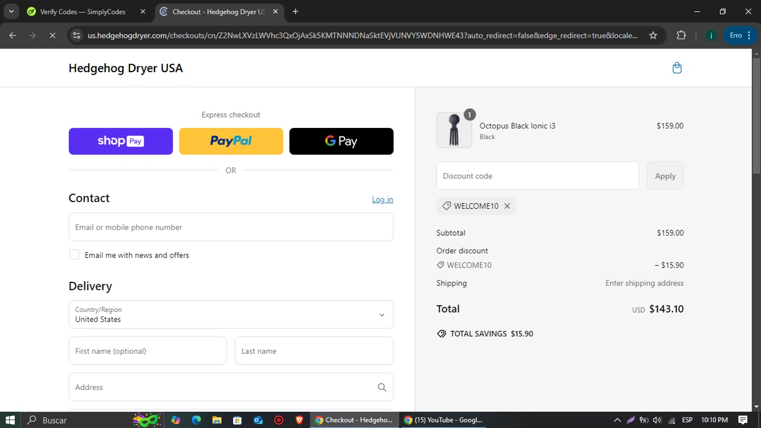 Hedgehog Dryer USA promo code screenshot showing code WELCOME10 applied at Hedgehog Dryer USA checkout page. Uploaded by SimplyCodes community member jairinho on Mar 5, 2025