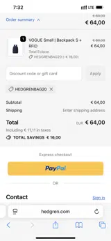 HedgrenBag20 coupon verification screenshot