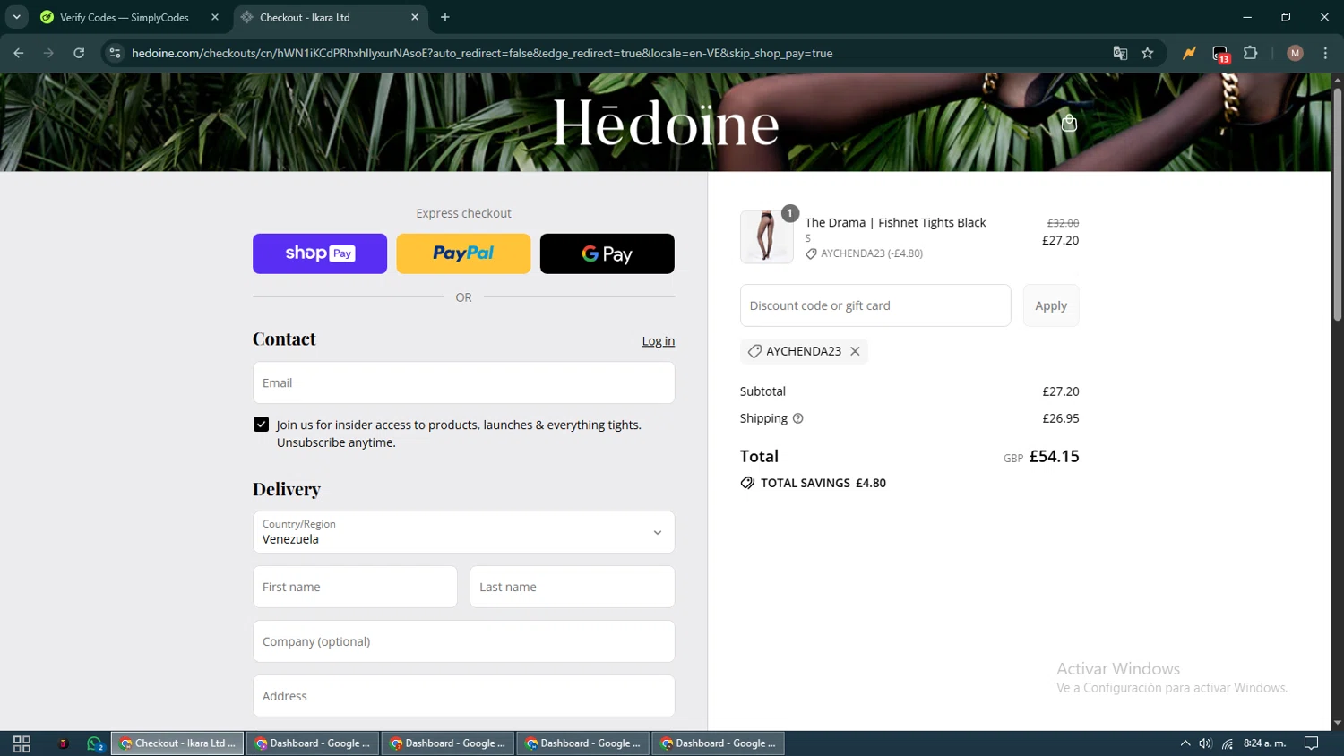 Hedoine discount code screenshot showing code AYCHENDA23 applied at Hedoine checkout page. Uploaded by SimplyCodes community member DiscountTitan4635 on Aug 12, 2025