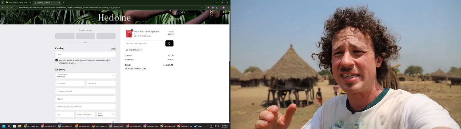 Hedoine discount code screenshot showing code AYCHENDA23 applied at Hedoine checkout page. Uploaded by SimplyCodes community member PennyWizard1195 on Jul 31, 2025