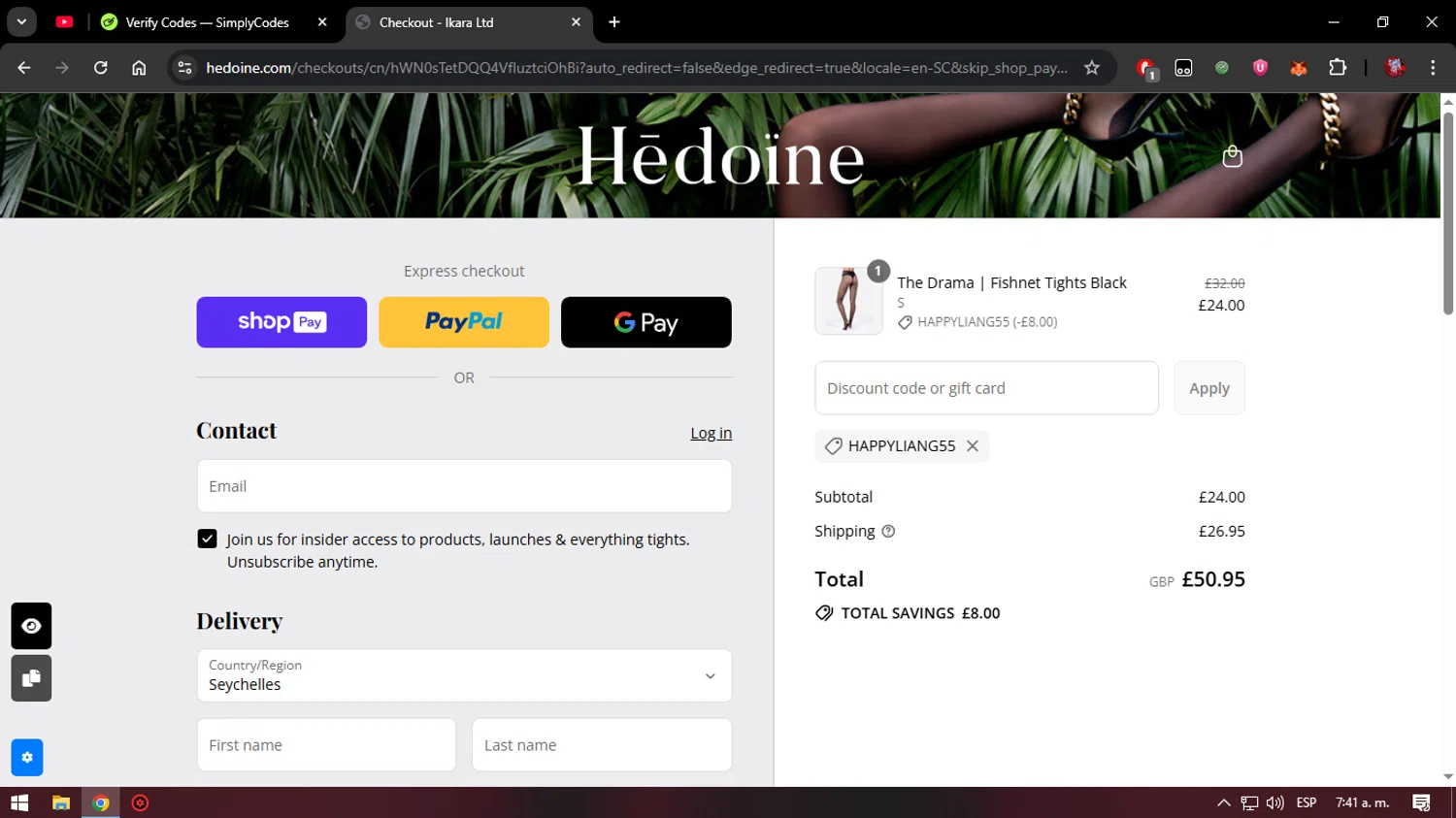 Hedoine discount code screenshot showing code HAPPYLIANG55 applied at Hedoine checkout page. Uploaded by SimplyCodes community member CouponHawk7847 on Jul 21, 2025