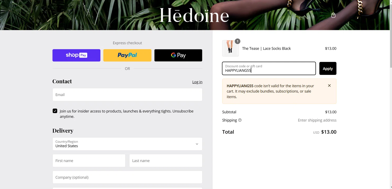 Hedoine discount code screenshot showing code HAPPYLIANG55 applied at Hedoine checkout page. Uploaded by SimplyCodes community member RoyalSage9159 on Jan 30, 2025