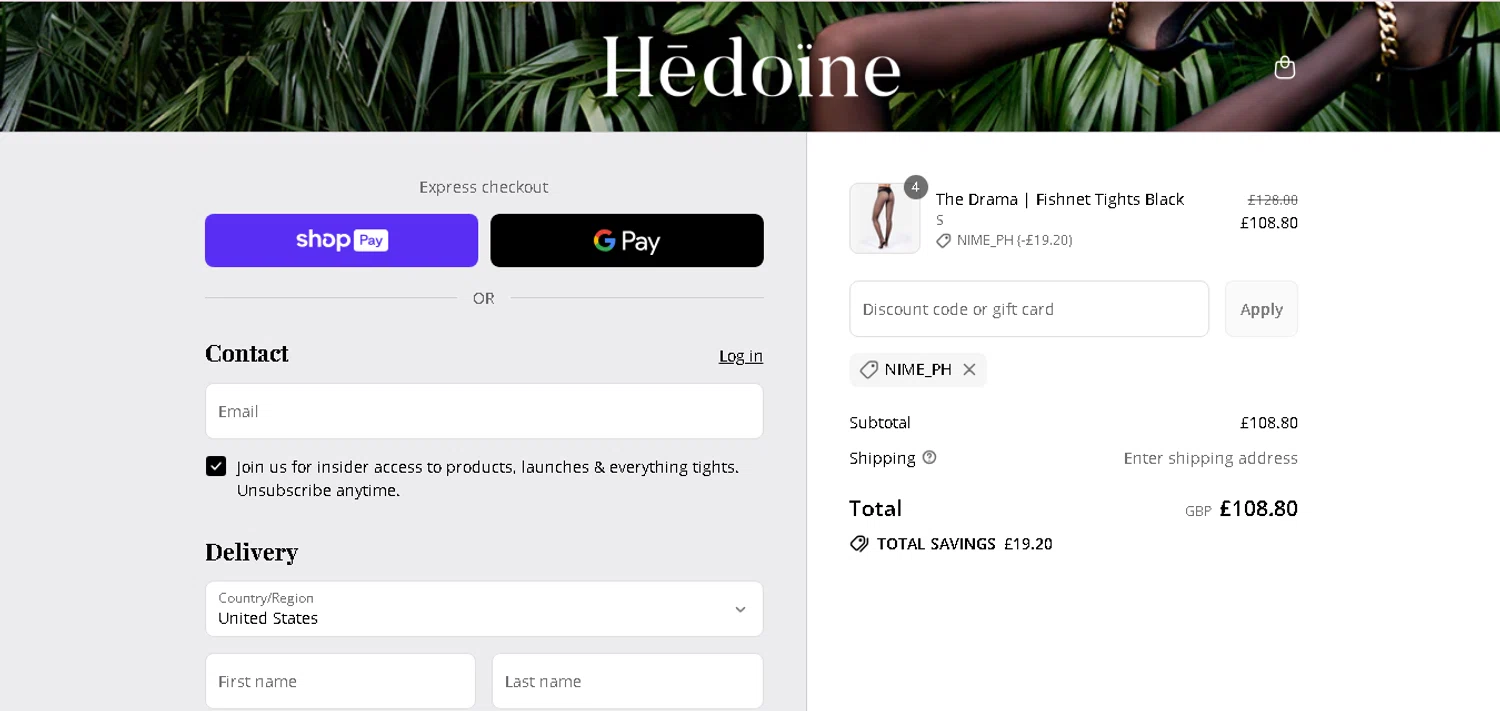 Hedoine discount code screenshot showing code NIME_PH applied at Hedoine checkout page. Uploaded by SimplyCodes community member MagnificentCurator5441 on Jul 22, 2025