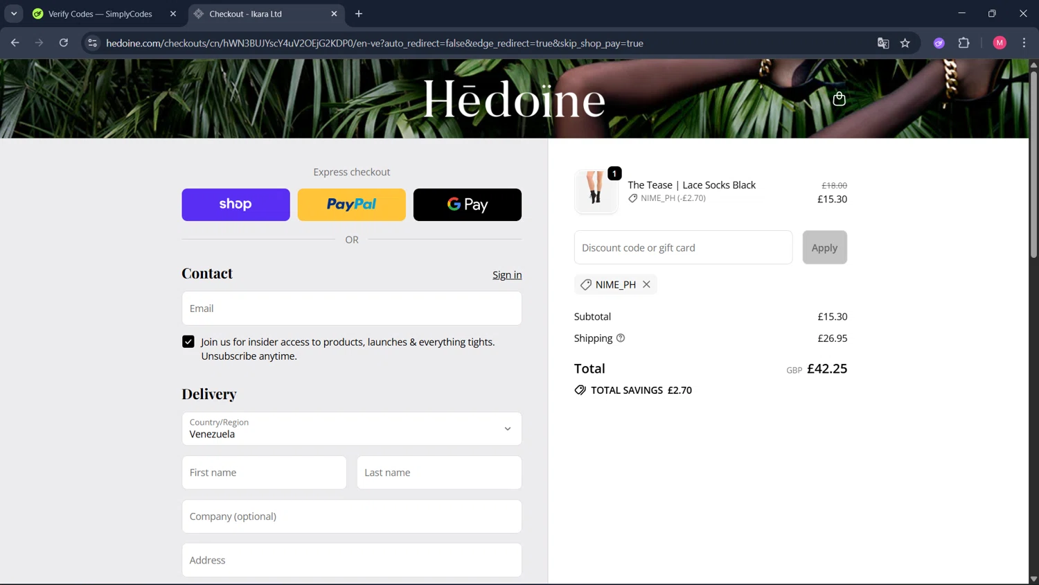 Hedoine discount code screenshot showing code NIME_PH applied at Hedoine checkout page. Uploaded by SimplyCodes community member ValueCollector4159 on Sep 20, 2025