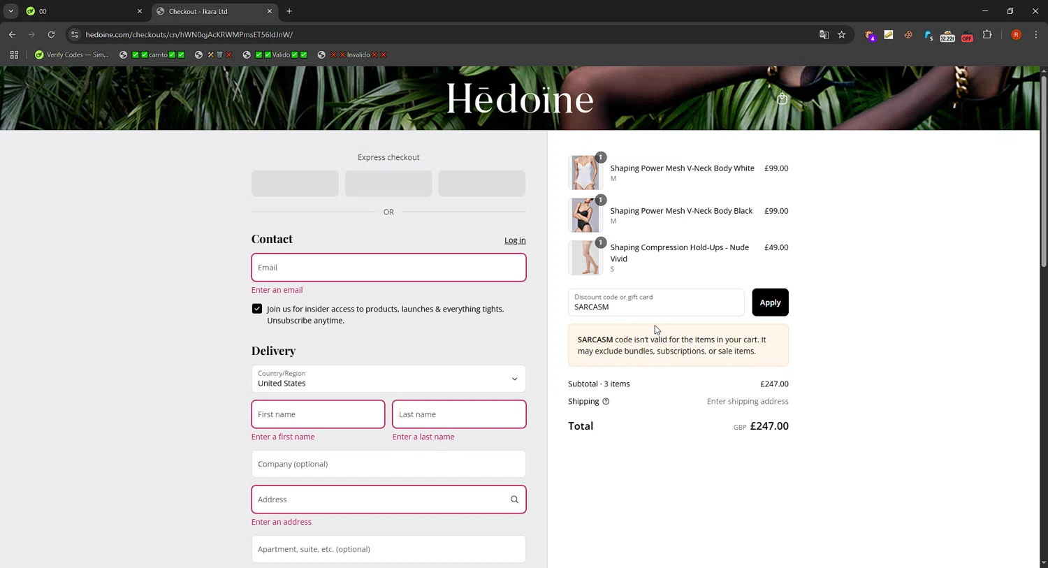 Hedoine discount code screenshot showing code SARCASM applied at Hedoine checkout page. Uploaded by SimplyCodes community member RebateCaptain6918 on Jul 20, 2025