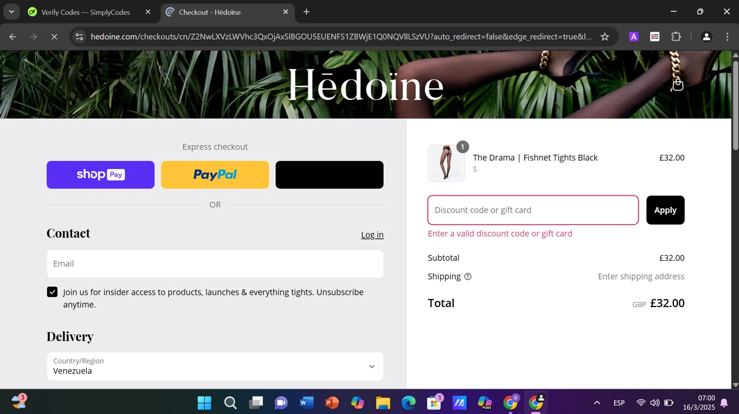 Hedoine discount code screenshot showing code SARCASM applied at Hedoine checkout page. Uploaded by SimplyCodes community member PrimeShopper9739 on Mar 16, 2025