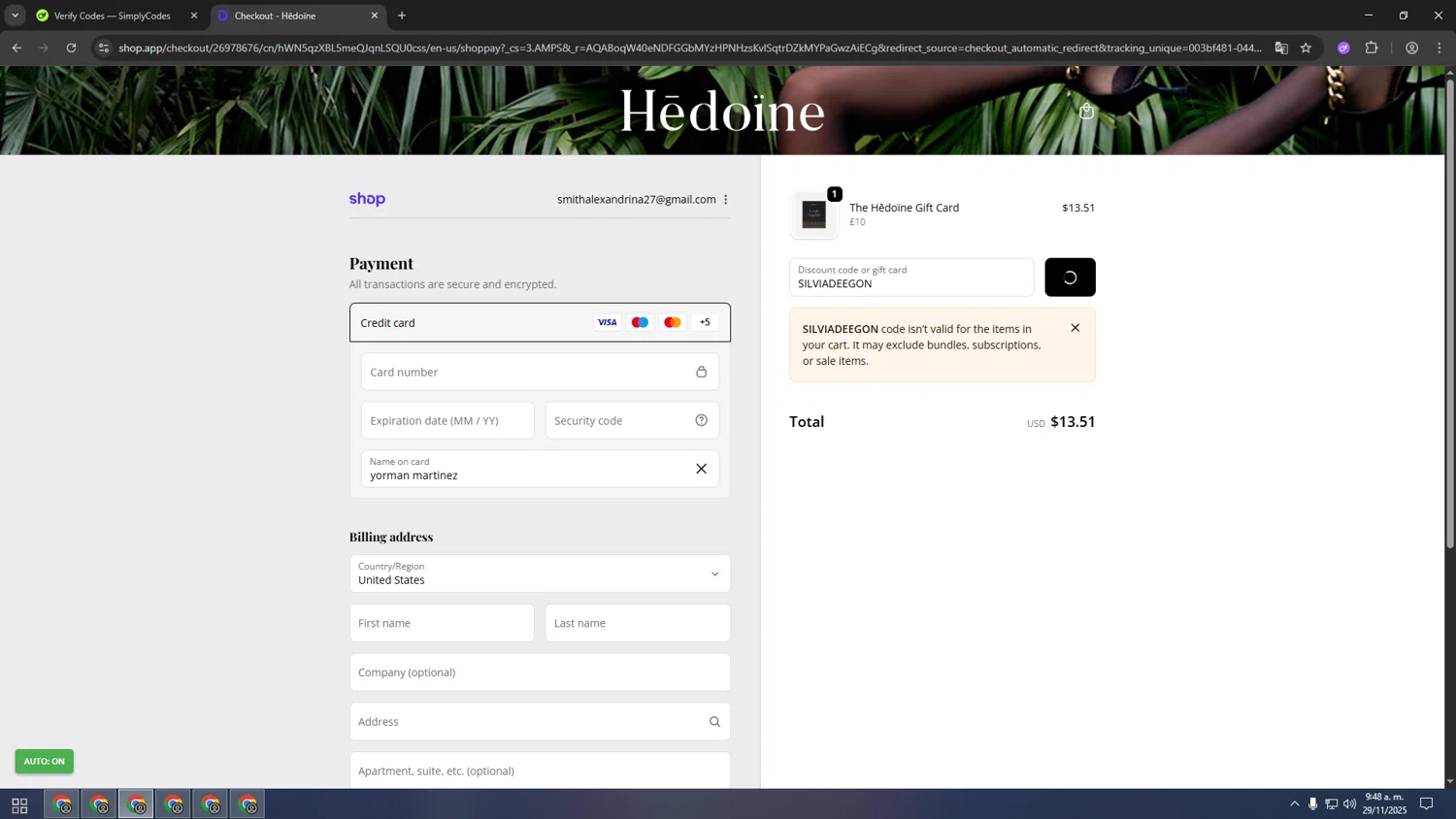 Hedoine discount code screenshot showing code SILVIADEEGON applied at Hedoine checkout page. Uploaded by SimplyCodes community member SALCHICHA on Nov 29, 2025