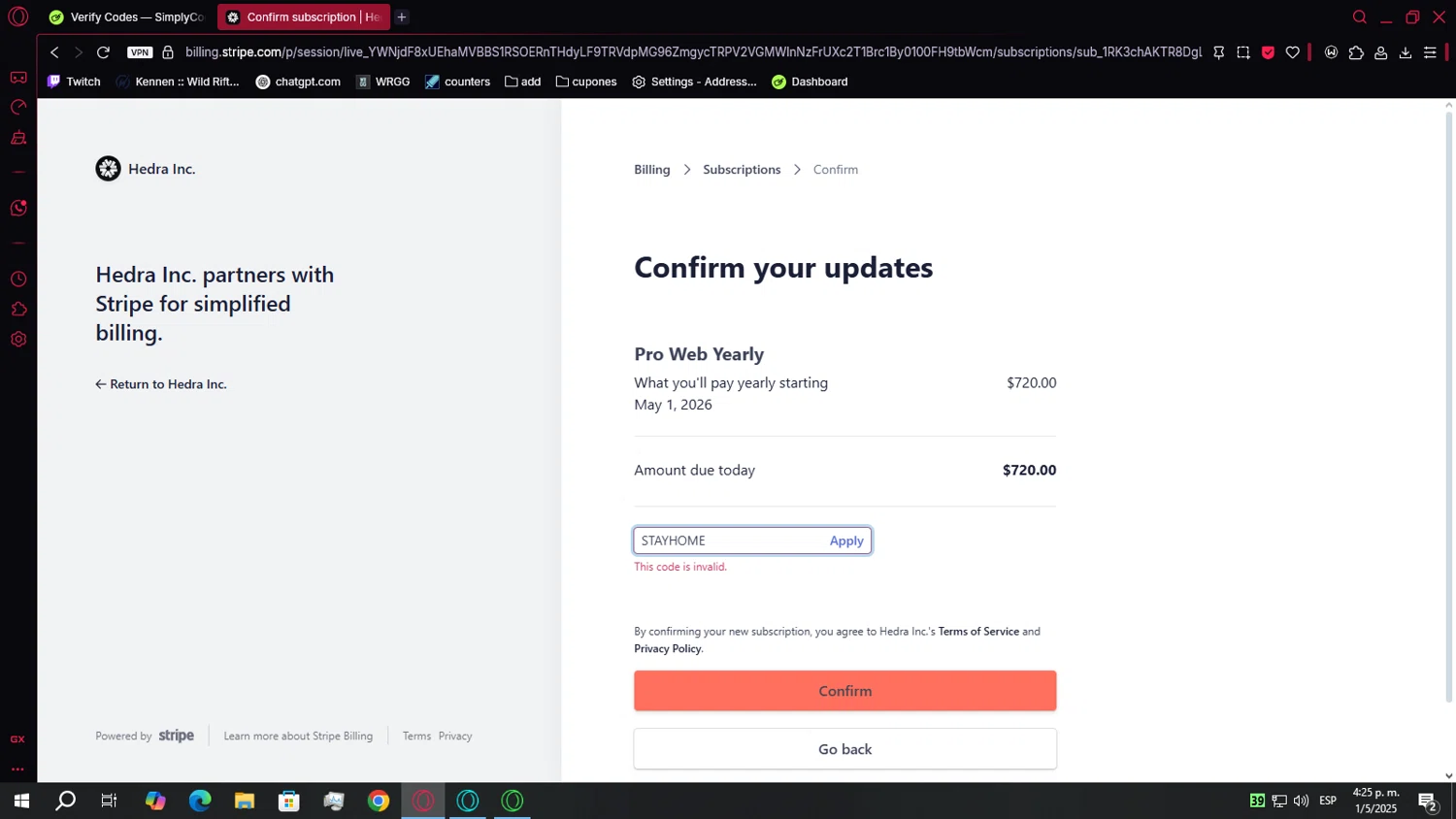 Hedra promo code screenshot showing code STAYHOME applied at Hedra checkout page. Uploaded by SimplyCodes community member Chukaflu on May 1, 2025