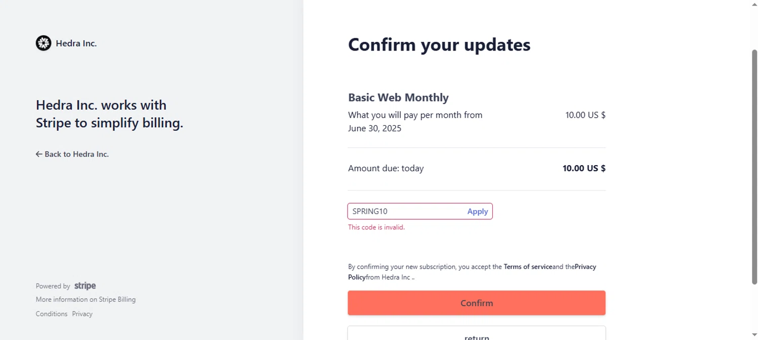 Hedra promo code screenshot showing code SPRING10 applied at Hedra checkout page. Uploaded by SimplyCodes community member noworries on May 31, 2025