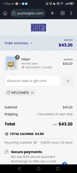 WELCOME10 coupon verification screenshot