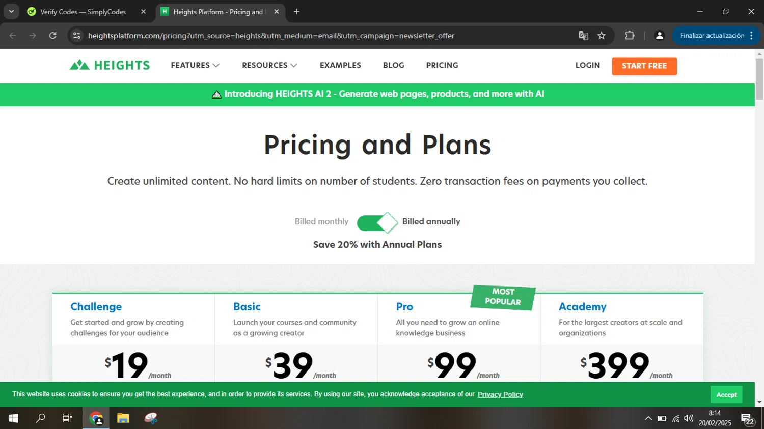 Heights Platform promo code screenshot showing code 3MONTHS99 applied at Heights Platform checkout page. Uploaded by SimplyCodes community member ANDREWW on Feb 20, 2025