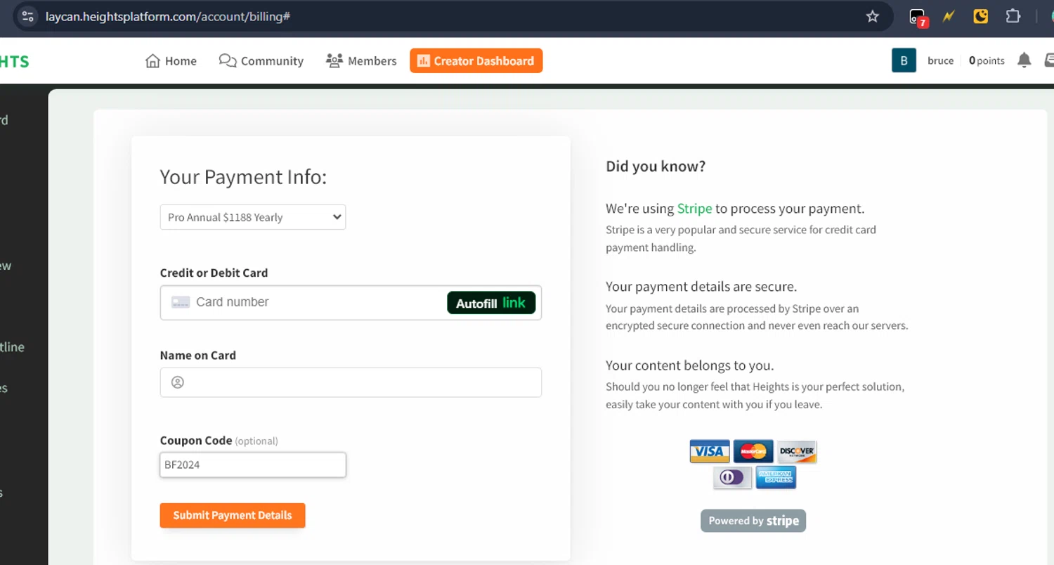 Heights Platform promo code screenshot showing code BF2024 applied at Heights Platform checkout page. Uploaded by SimplyCodes community member six_eyes on Feb 20, 2025