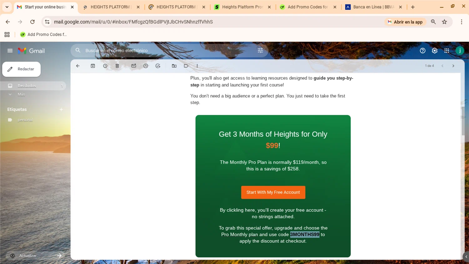 Heights Platform promo code screenshot showing code 3MONTHS99 applied at Heights Platform checkout page. Uploaded by SimplyCodes community member yennifergonzalez on Jan 6, 2026