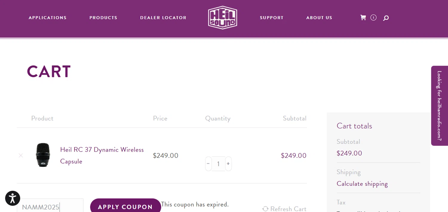 Heil promo code screenshot showing code NAMM2025 applied at Heil checkout page. Uploaded by SimplyCodes community member VoucherSleuth8988 on Feb 21, 2025