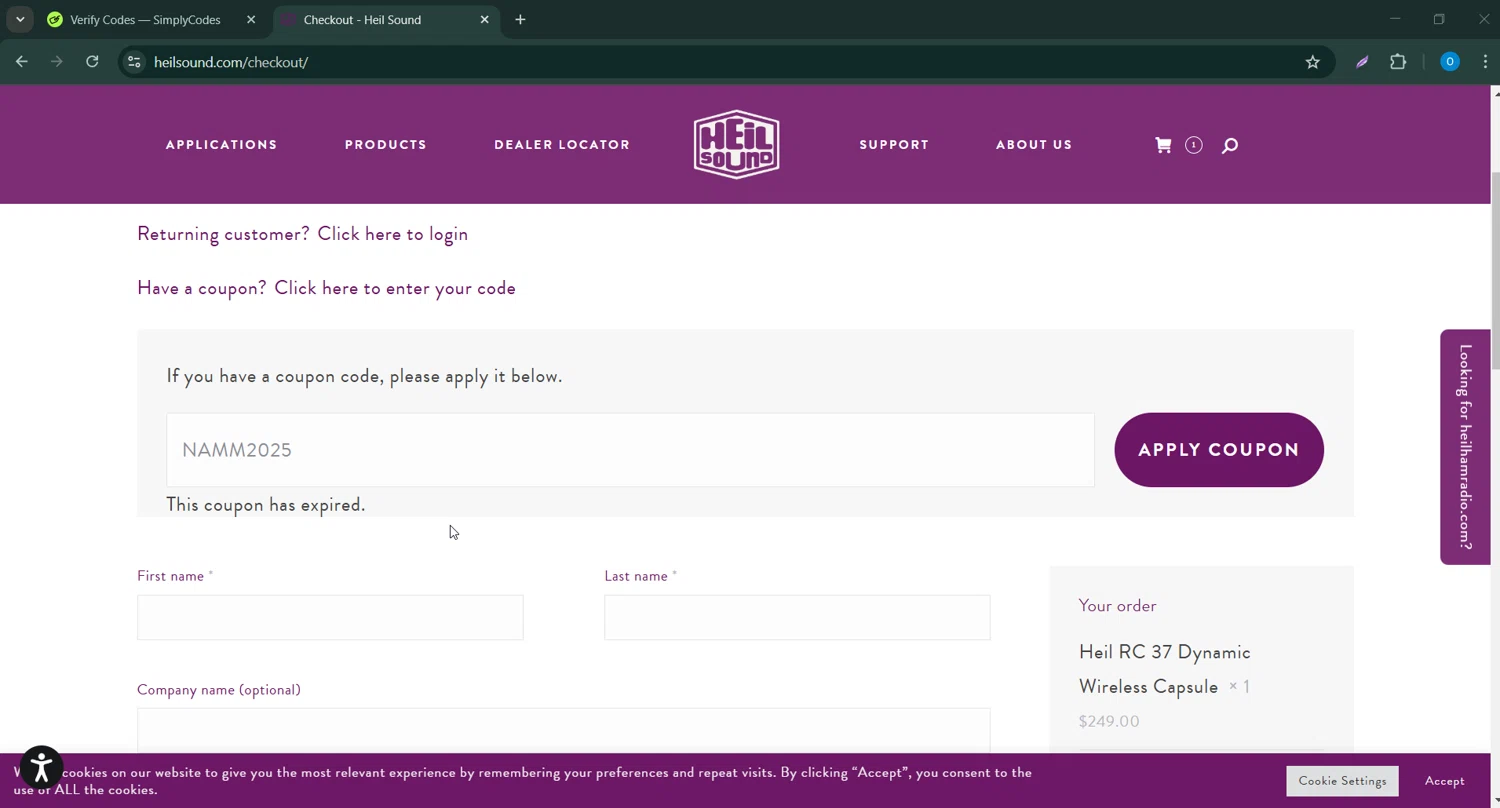 Heil promo code screenshot showing code NAMM2025 applied at Heil checkout page. Uploaded by SimplyCodes community member _____________ on Feb 21, 2025