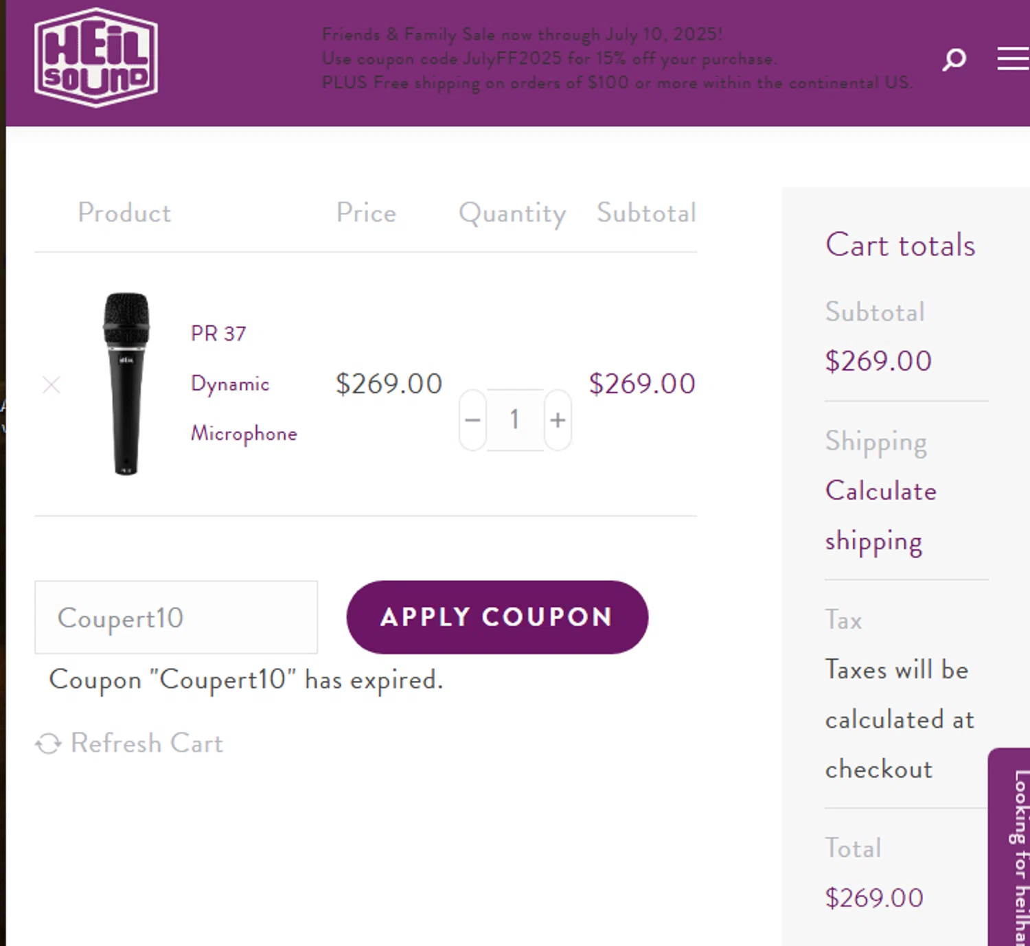 Heil promo code screenshot showing code Coupert10 applied at Heil checkout page. Uploaded by SimplyCodes community member pinkman on Jul 3, 2025
