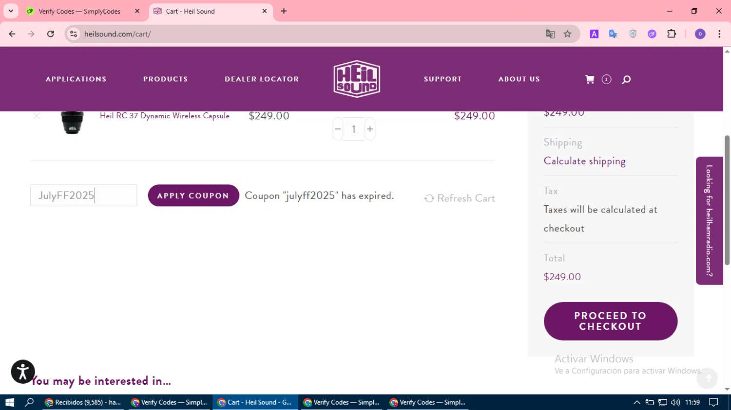 Heil promo code screenshot showing code JulyFF2025 applied at Heil checkout page. Uploaded by SimplyCodes community member olivermedina on Jul 31, 2025