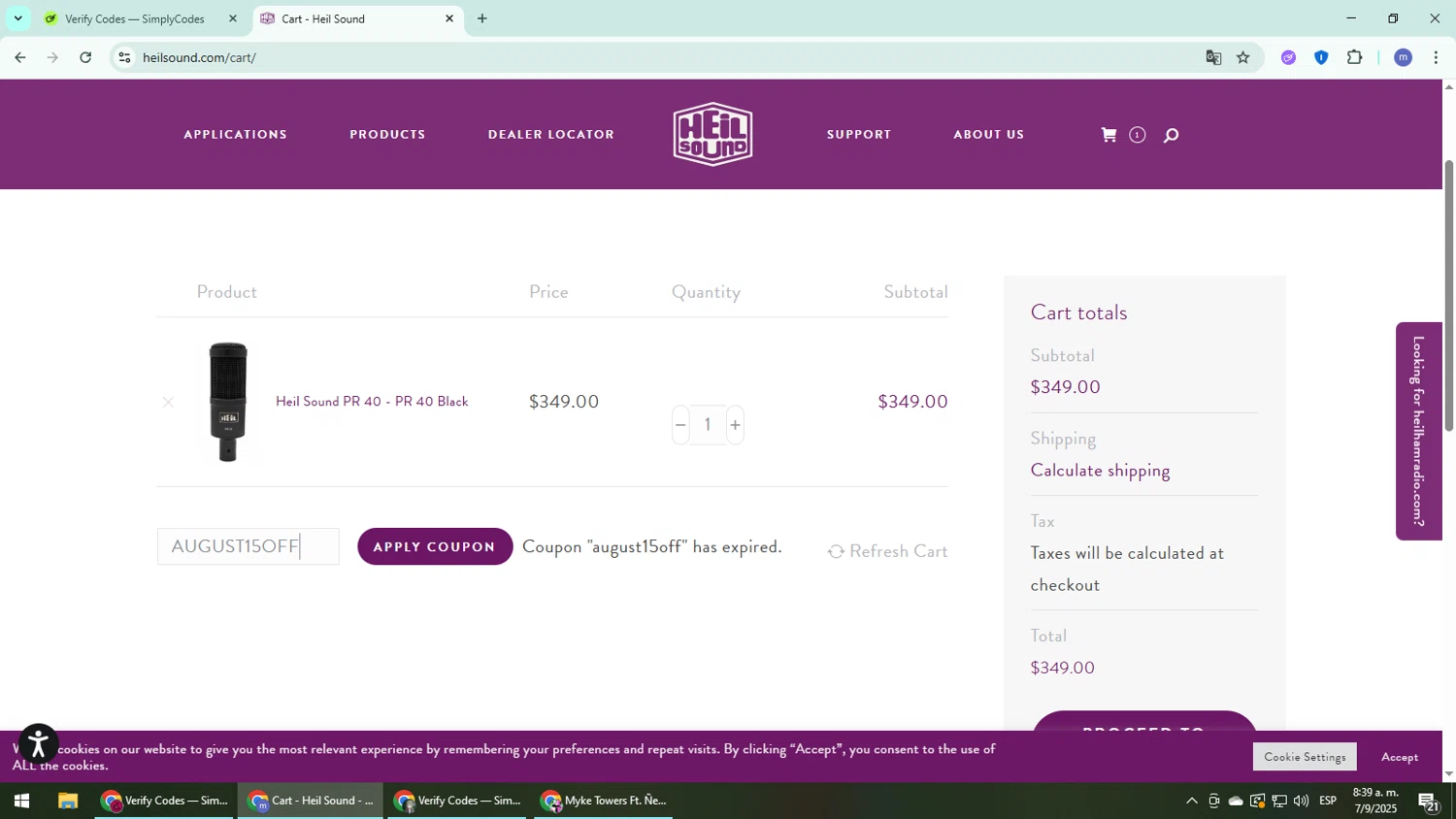 Heil promo code screenshot showing code AUGUST15OFF applied at Heil checkout page. Uploaded by SimplyCodes community member QuestDefender2661 on Sep 7, 2025