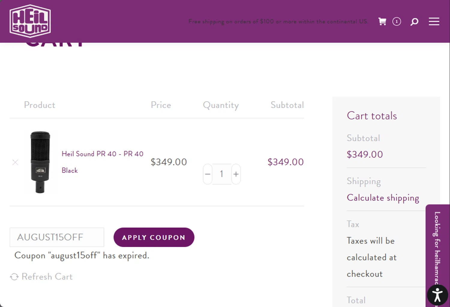 Heil promo code screenshot showing code AUGUST15OFF applied at Heil checkout page. Uploaded by SimplyCodes community member jupitera on Sep 7, 2025