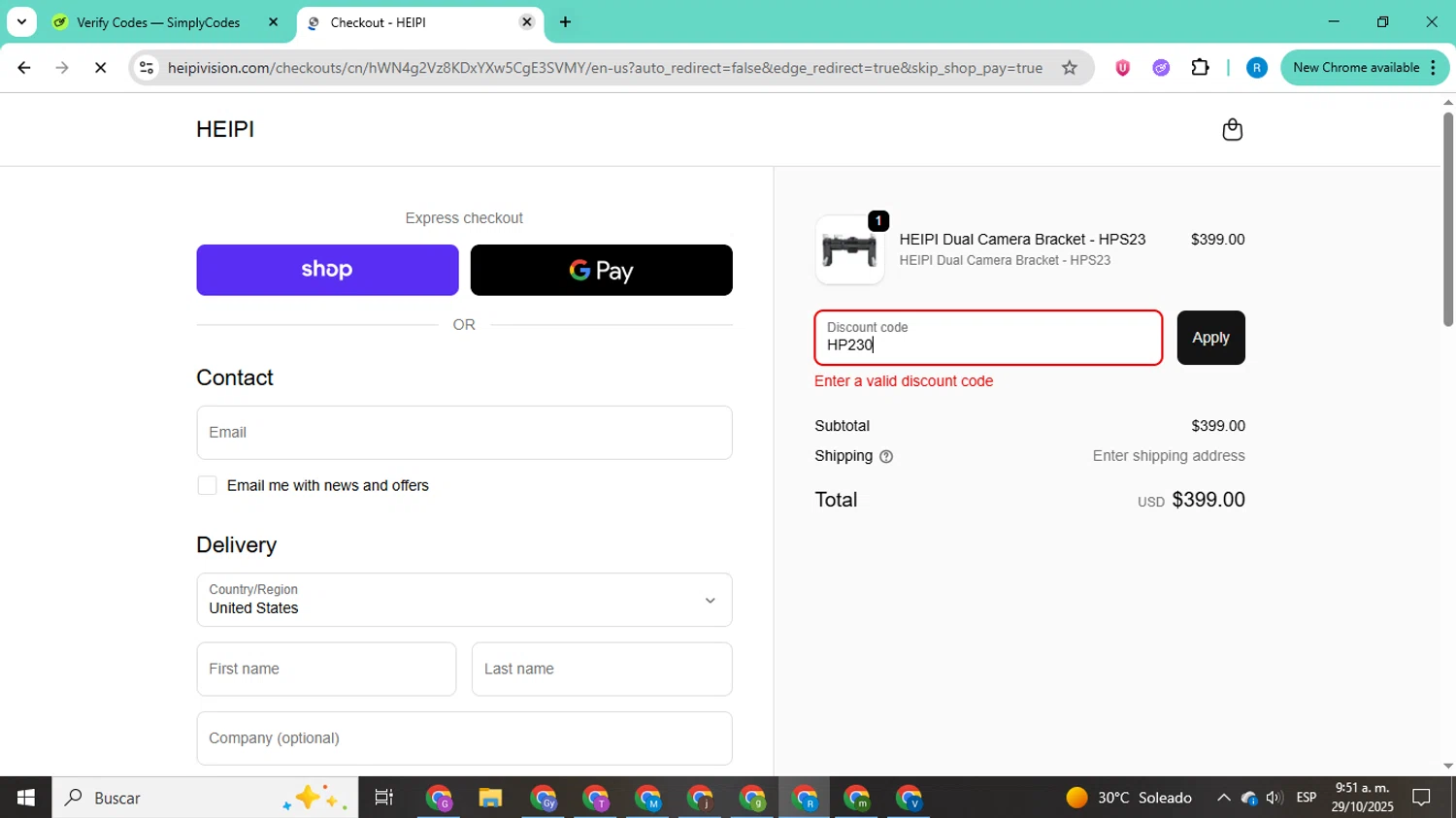 HEIPI discount code screenshot showing code HP230 applied at HEIPI checkout page. Uploaded by SimplyCodes community member CodeShopper8605 on Oct 29, 2025