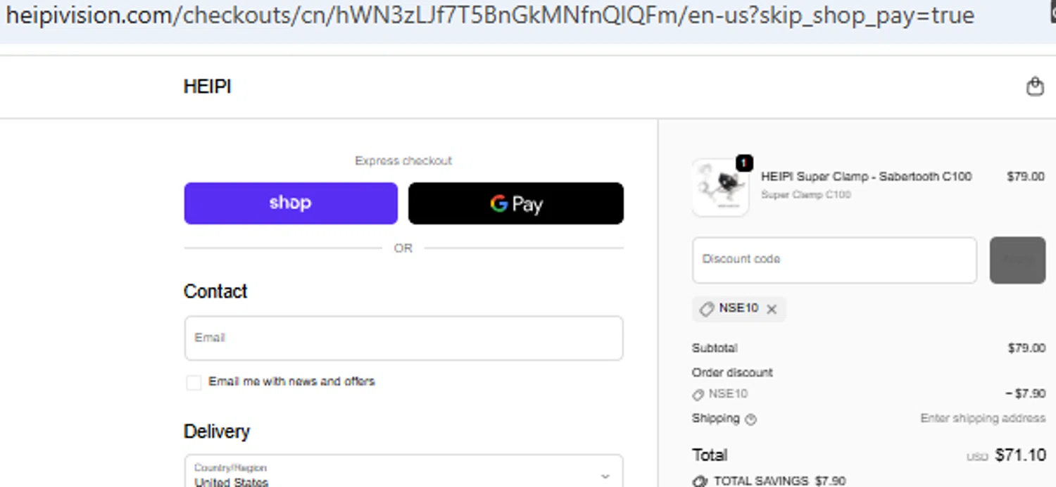 HEIPI discount code screenshot showing code NSE10 applied at HEIPI checkout page. Uploaded by SimplyCodes community member PennyOwl2559 on Oct 23, 2025