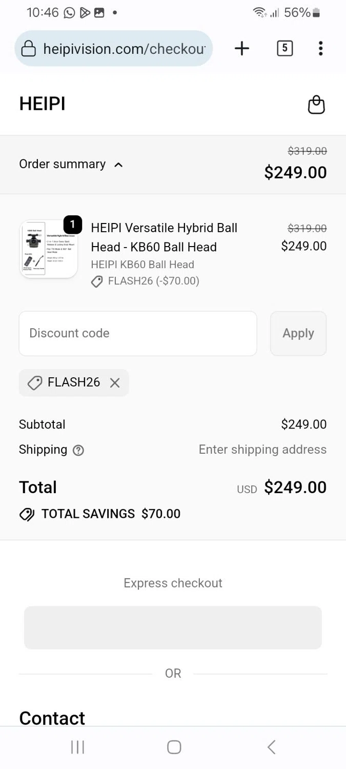 HEIPI discount code screenshot showing code FLASH26 applied at HEIPI checkout page. Uploaded by SimplyCodes community member ScanMaverick9378 on Jan 1, 2026