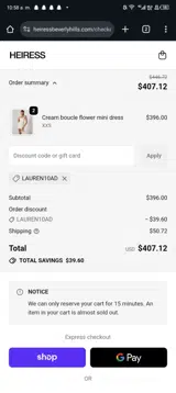 LAUREN10AD coupon verification screenshot