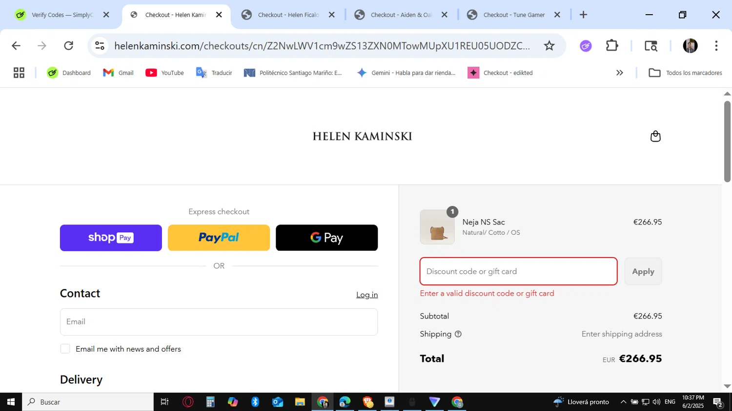 Helen Kaminski promo code screenshot showing code DLYNN20 applied at Helen Kaminski checkout page. Uploaded by SimplyCodes community member KataldoMustafack on Jun 3, 2025