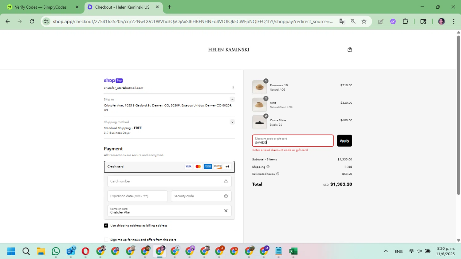 Helen Kaminski promo code screenshot showing code SAVE30 applied at Helen Kaminski checkout page. Uploaded by SimplyCodes community member Mari_perez on Jun 11, 2025