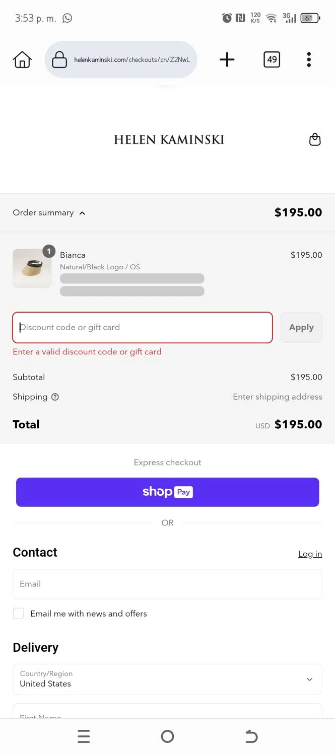 Helen Kaminski promo code screenshot showing code EXTRA10%OFFSALESTYLES applied at Helen Kaminski checkout page. Uploaded by SimplyCodes community member DiscountCurator3335 on Jun 22, 2025