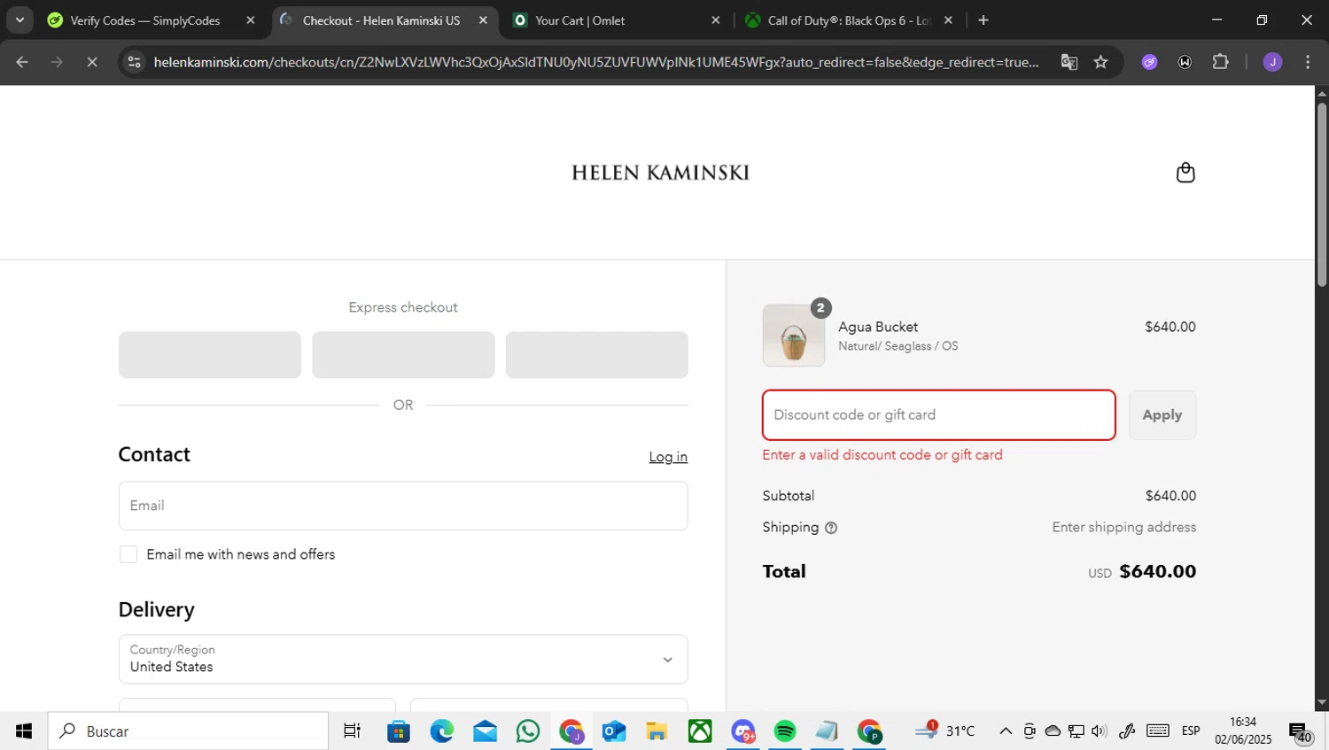 Helen Kaminski promo code screenshot showing code EXTRA10%OFFSALESTYLES applied at Helen Kaminski checkout page. Uploaded by SimplyCodes community member ENCARAMESSI on Jun 2, 2025