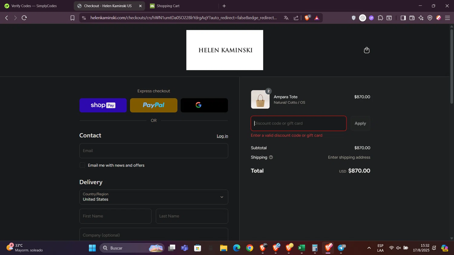 Helen Kaminski promo code screenshot showing code extra20 applied at Helen Kaminski checkout page. Uploaded by SimplyCodes community member FortunateRanger1171 on Aug 17, 2025