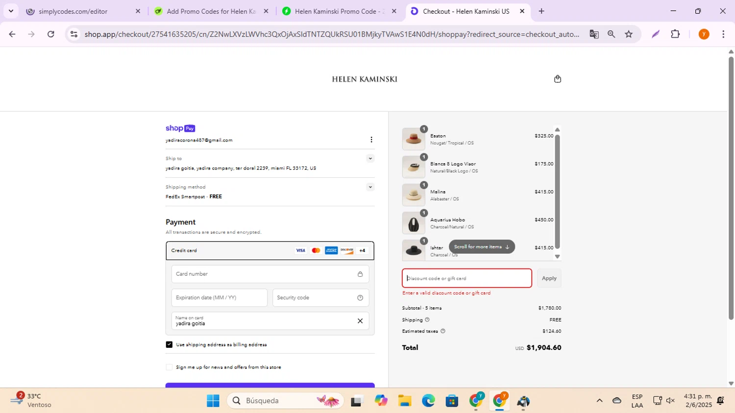 Helen Kaminski promo code screenshot showing code RACHEL20 applied at Helen Kaminski checkout page. Uploaded by SimplyCodes community member ycg487 on Jun 2, 2025