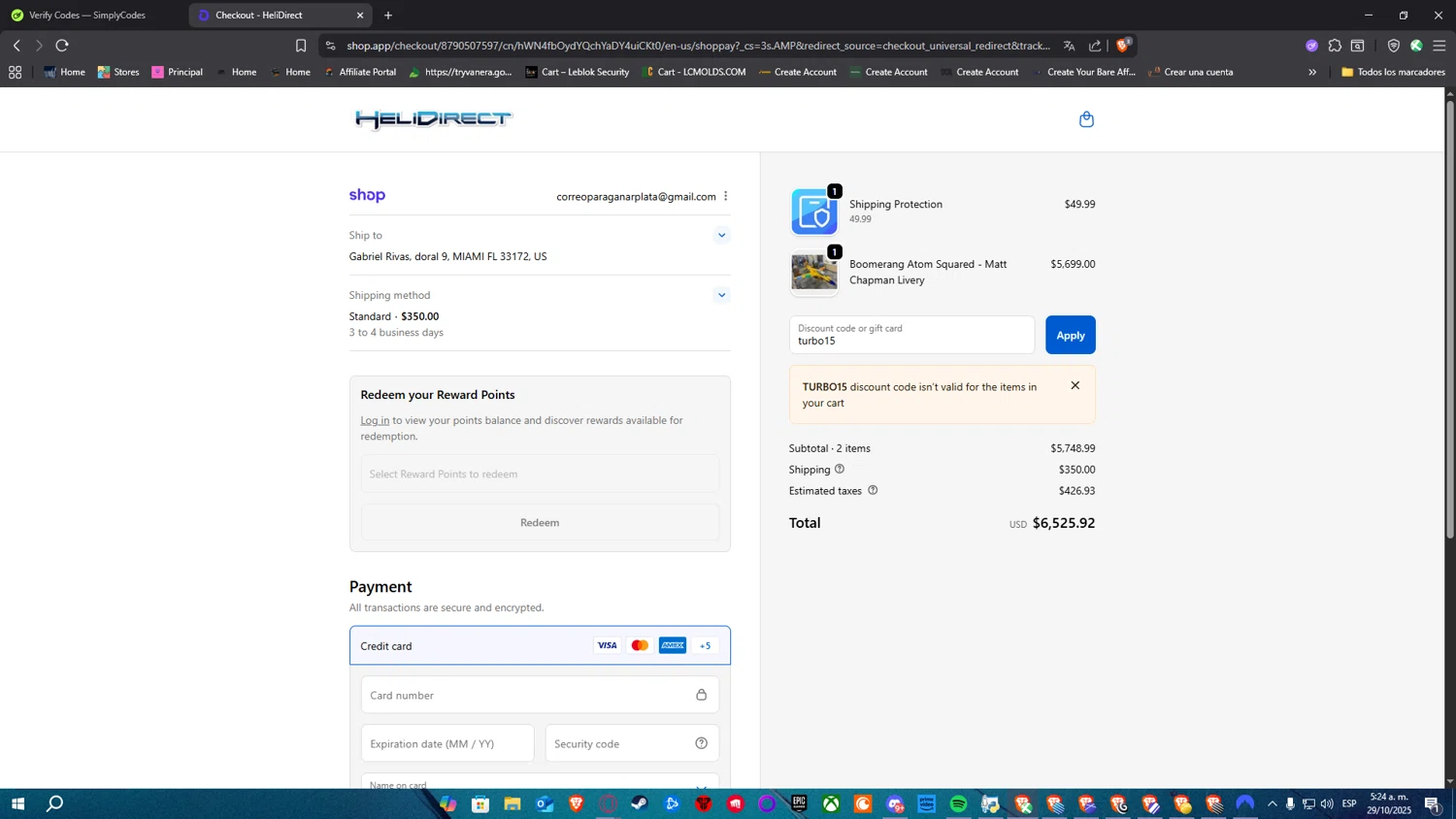 HeliDirect discount code screenshot showing code turbo15 applied at HeliDirect checkout page. Uploaded by SimplyCodes community member Nulo0000 on Oct 29, 2025