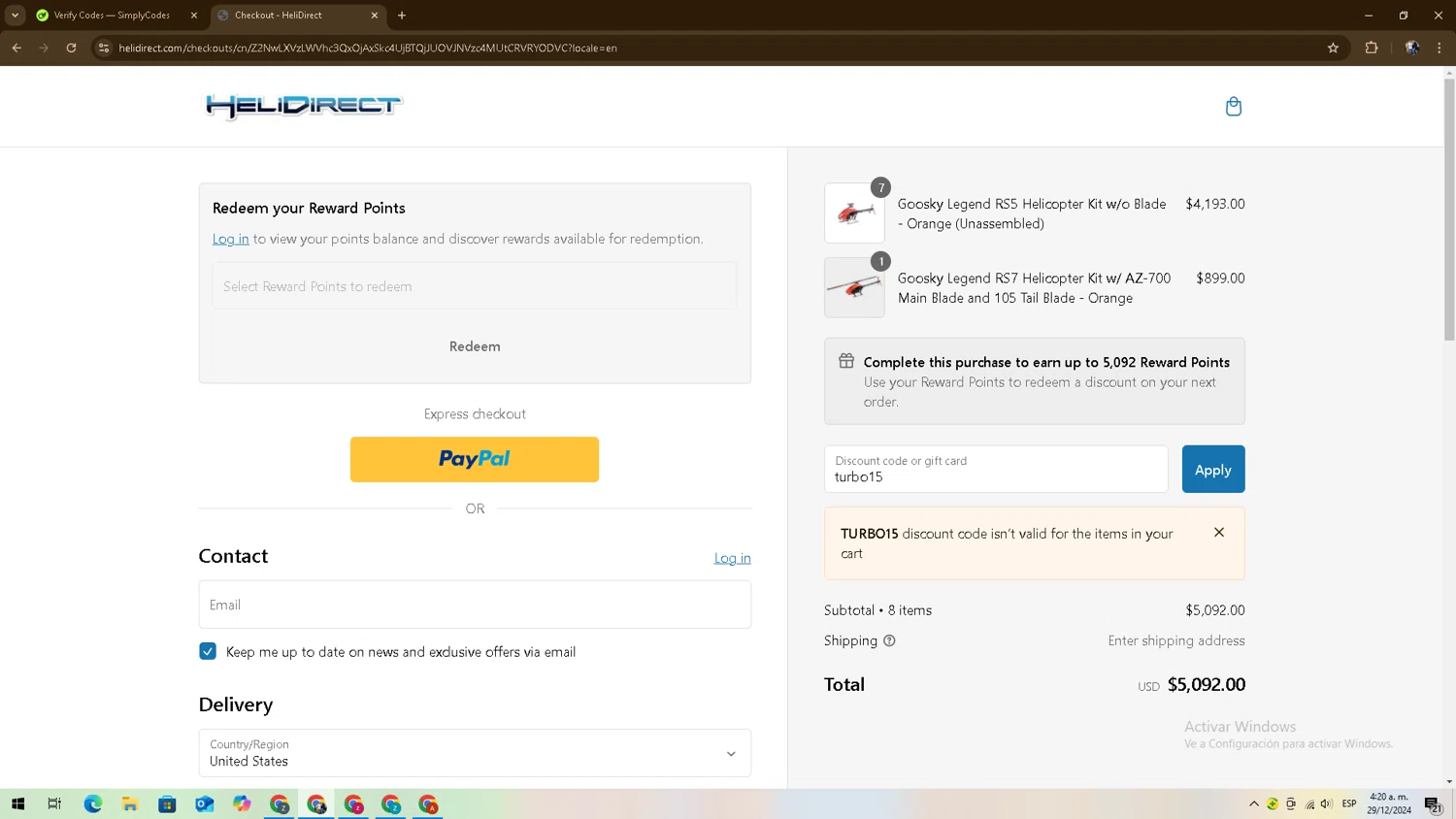 HeliDirect discount code screenshot showing code turbo15 applied at HeliDirect checkout page. Uploaded by SimplyCodes community member zadquiel on Dec 29, 2024
