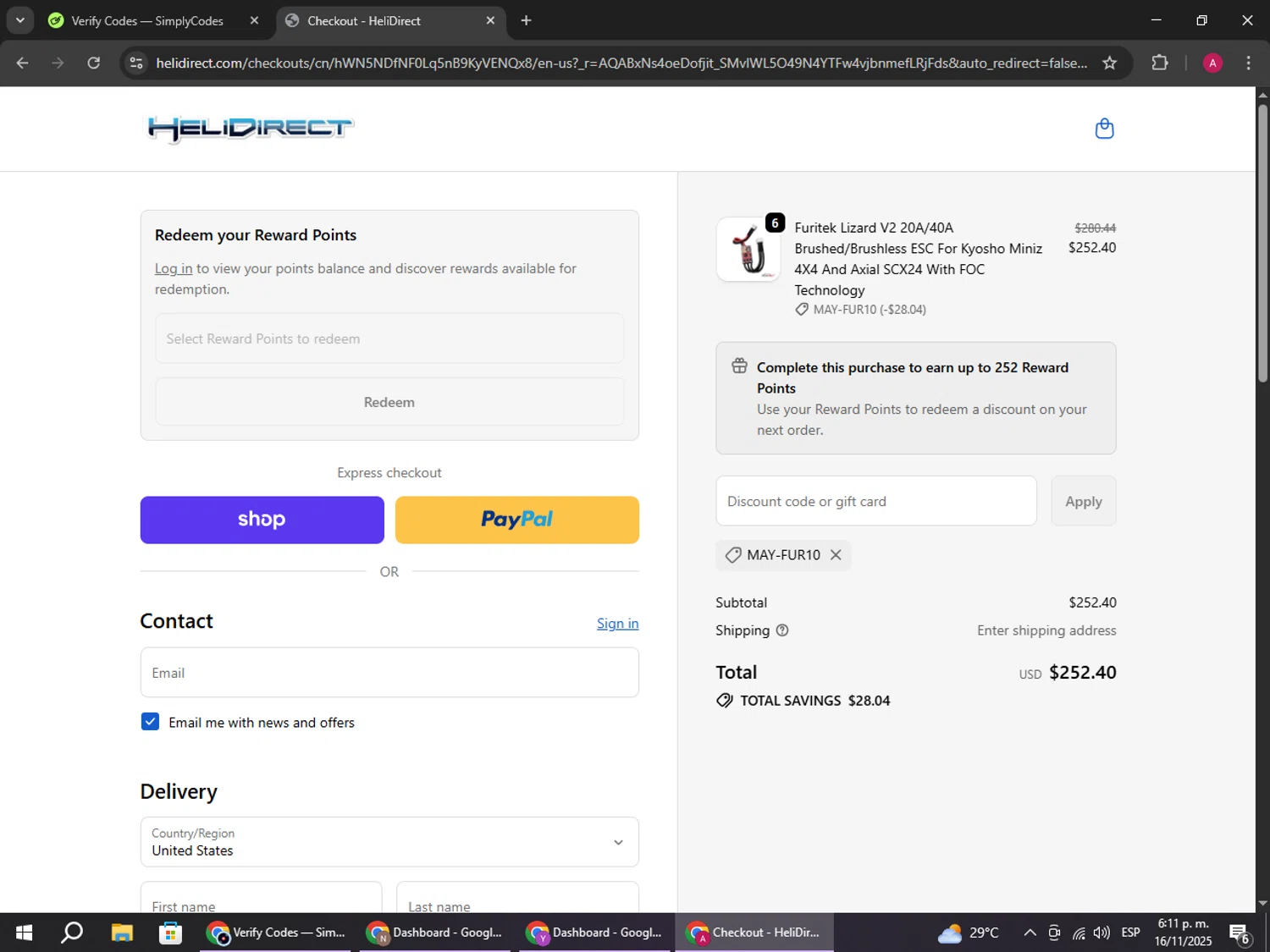 HeliDirect discount code screenshot showing code MAY-FUR10 applied at HeliDirect checkout page. Uploaded by SimplyCodes community member BMWGS1200 on Nov 16, 2025