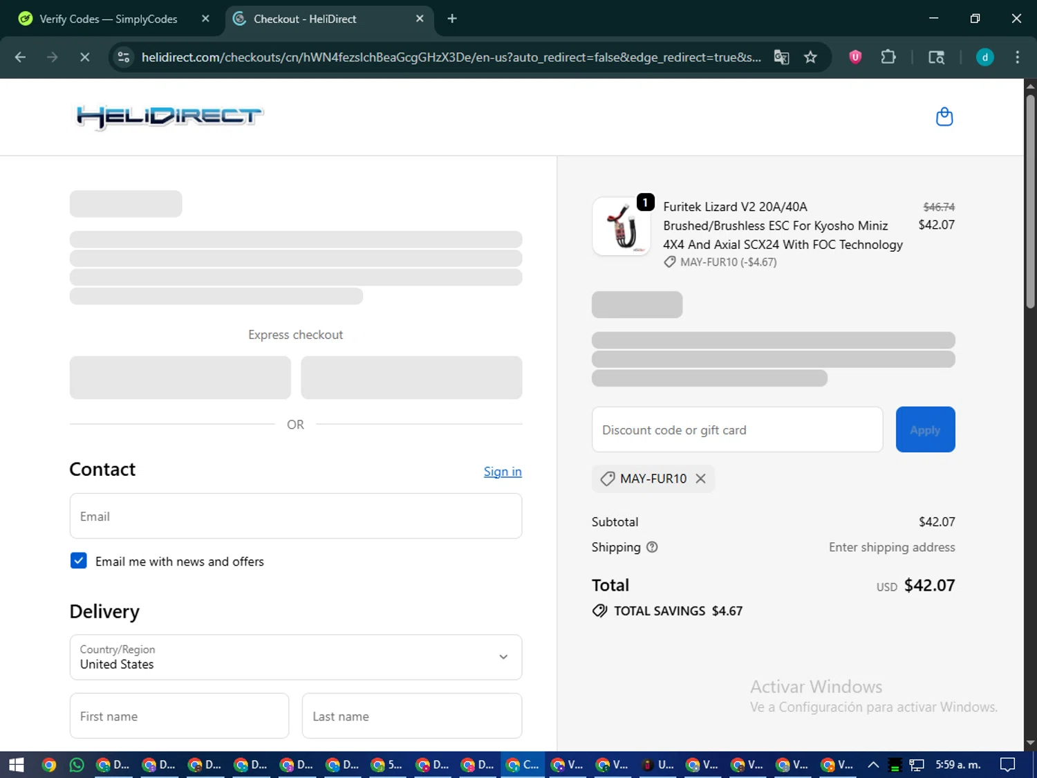 HeliDirect discount code screenshot showing code MAY-FUR10 applied at HeliDirect checkout page. Uploaded by SimplyCodes community member CodeMaverick5767 on Oct 29, 2025
