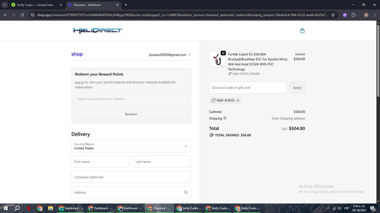 HeliDirect discount code screenshot showing code MAY-FUR10 applied at HeliDirect checkout page. Uploaded by SimplyCodes community member DiscountPioneer2554 on Oct 29, 2025