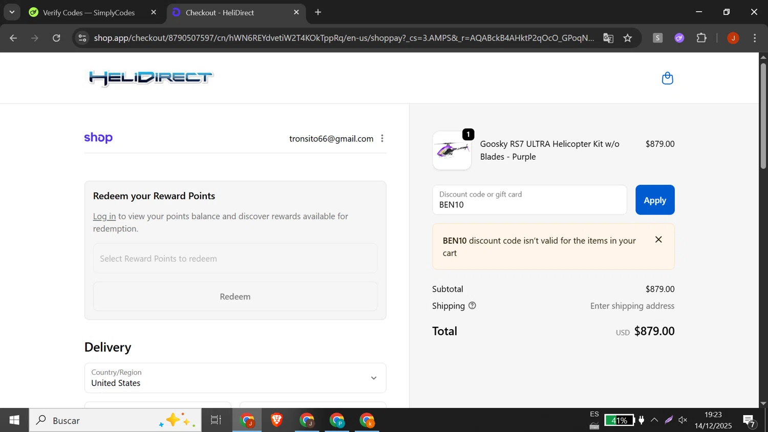 HeliDirect discount code screenshot showing code BEN10 applied at HeliDirect checkout page. Uploaded by SimplyCodes community member DORIANGEL on Dec 14, 2025
