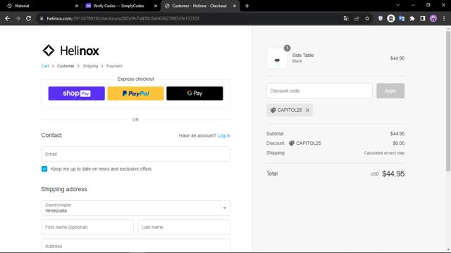 Helinox checkout page showing Helinox discount code box | Screenshot taken by SimplyCodes community member on Nov 12, 2023
