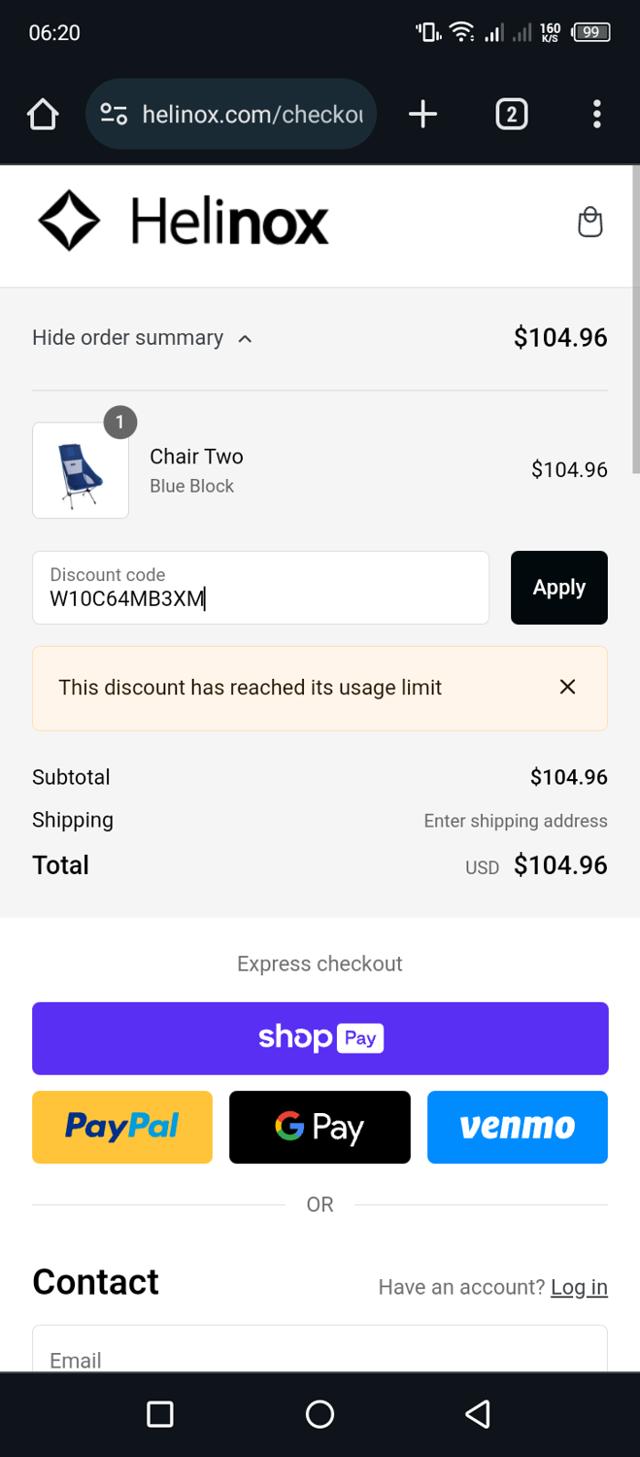Helinox checkout page showing Helinox discount code box | Screenshot taken by SimplyCodes community member on Dec 17, 2023
