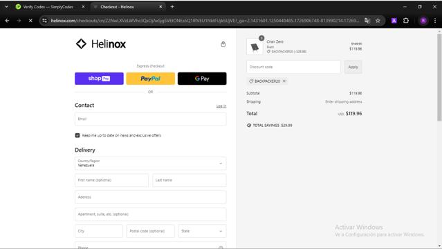 Helinox checkout page showing Helinox discount code box | Screenshot taken by SimplyCodes community member on Sep 21, 2024
