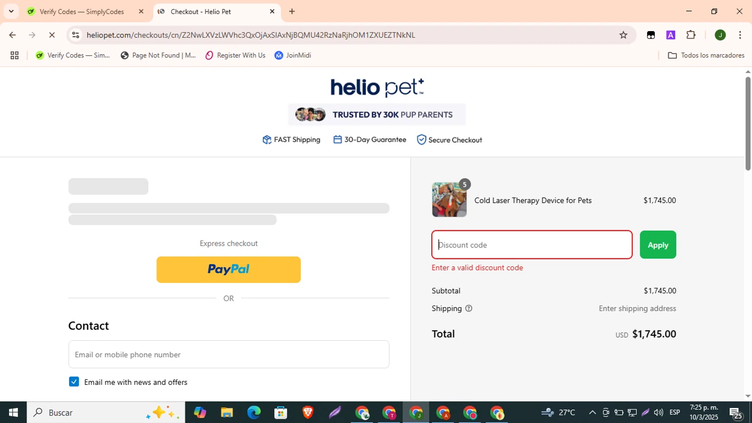 Helio Pet discount code screenshot showing code WELCOME10 applied at Helio Pet checkout page. Uploaded by SimplyCodes community member CleverBoss9743 on Mar 10, 2025