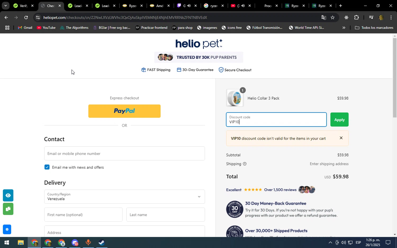 Helio Pet discount code screenshot showing code VIP10 applied at Helio Pet checkout page. Uploaded by SimplyCodes community member kakakakakka on Jan 26, 2025