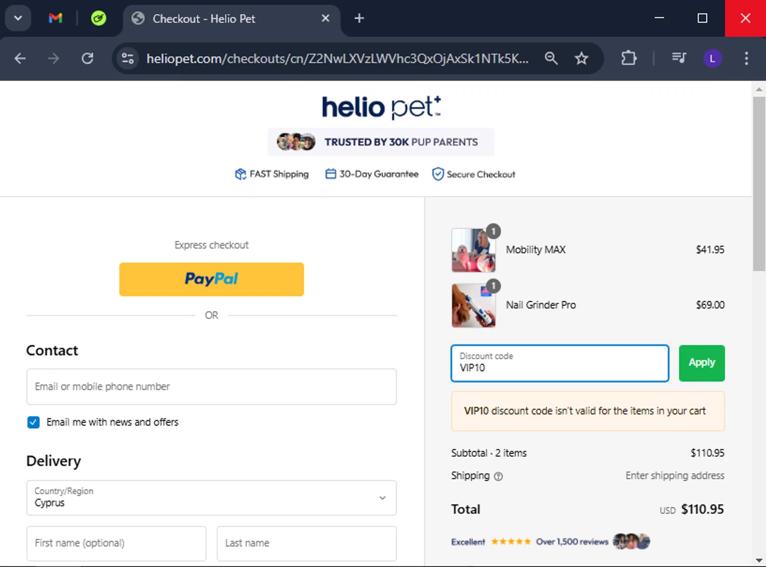 Helio Pet discount code screenshot showing code VIP10 applied at Helio Pet checkout page. Uploaded by SimplyCodes community member CoinElite8726 on Feb 21, 2025
