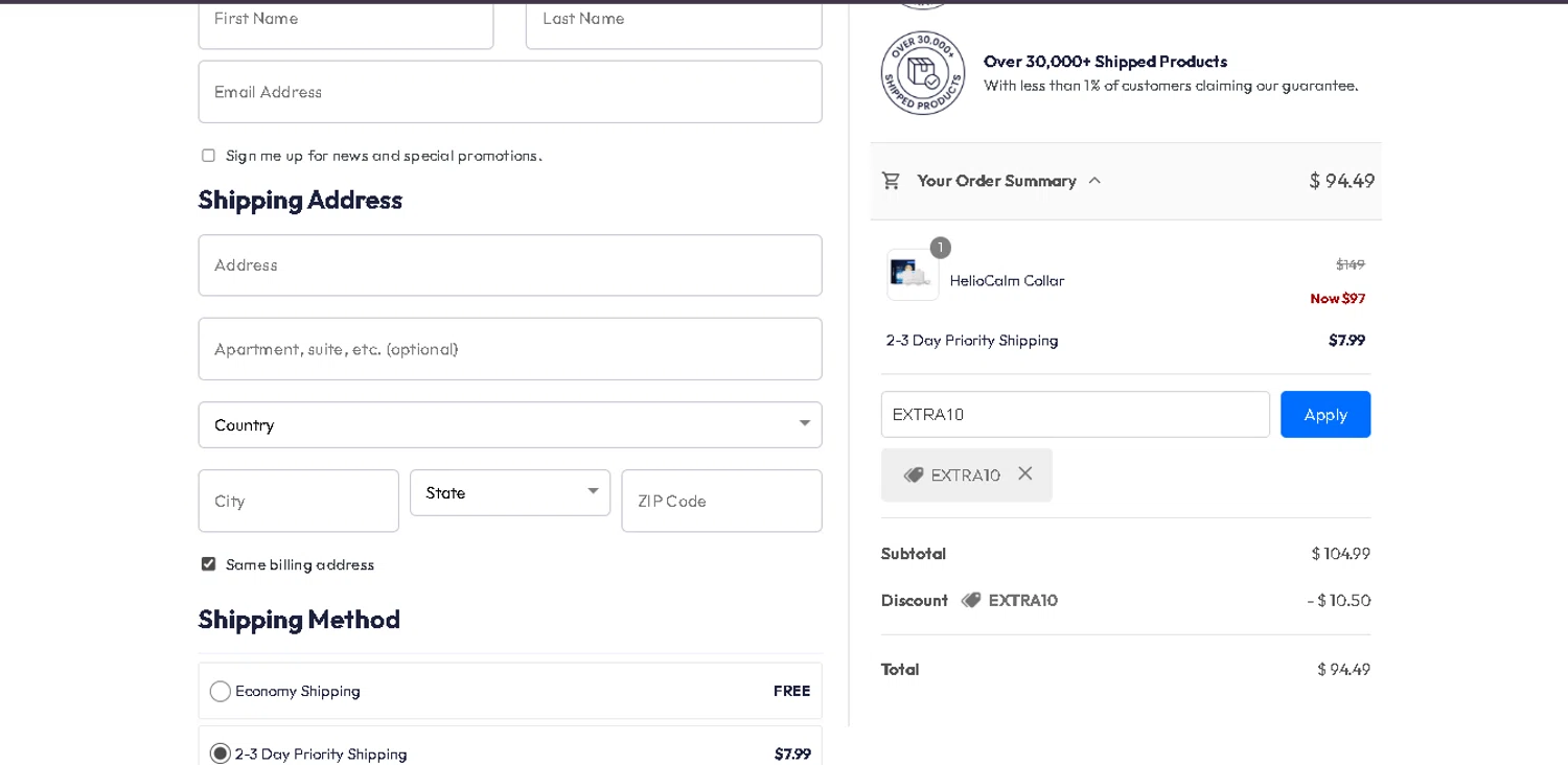 Helio Pet discount code screenshot showing code EXTRA10 applied at Helio Pet checkout page. Uploaded by SimplyCodes community member FortunateElite5130 on Dec 5, 2025